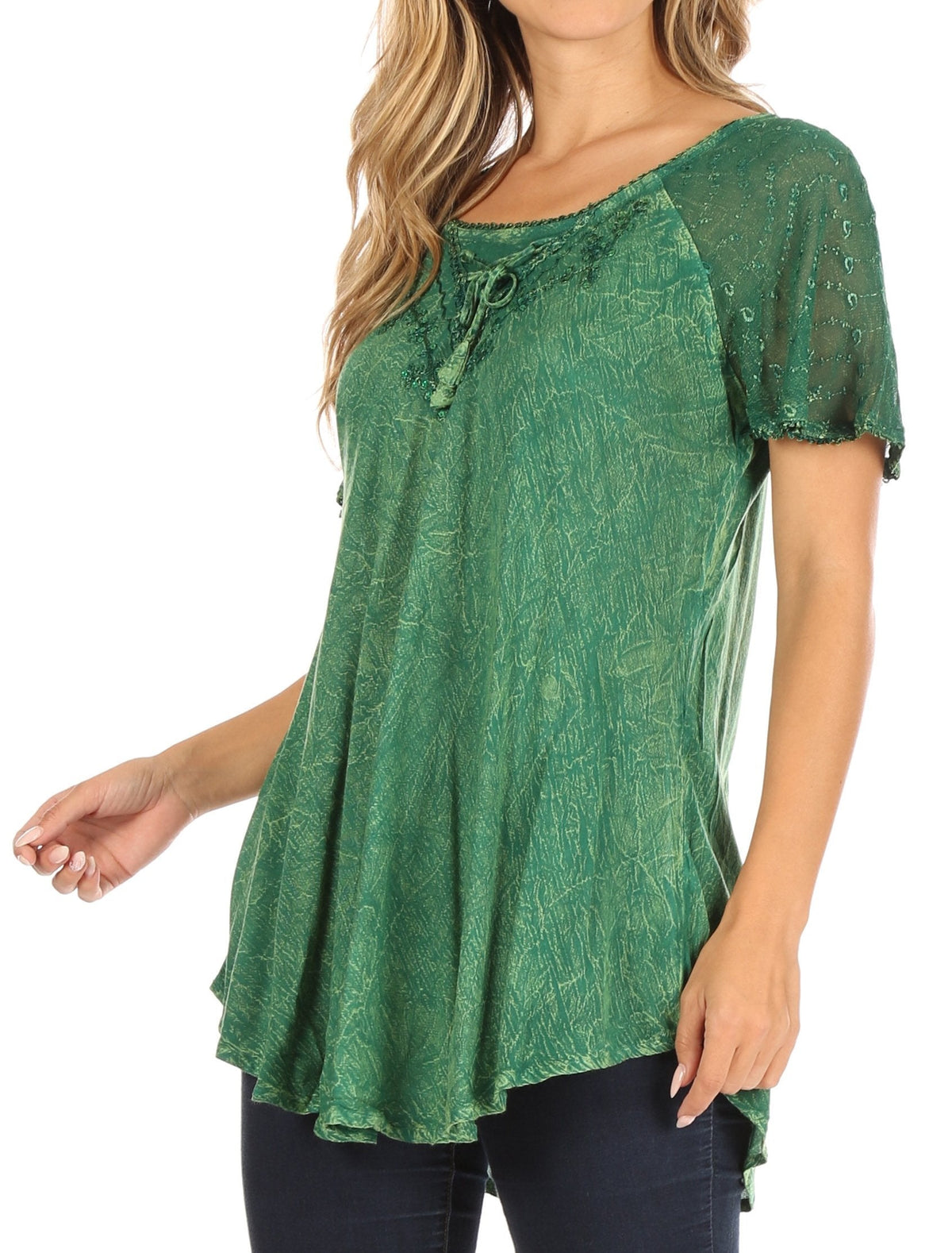 Women’s green lace sequin tunic blouse with cap sleeves and gathered swing hem
