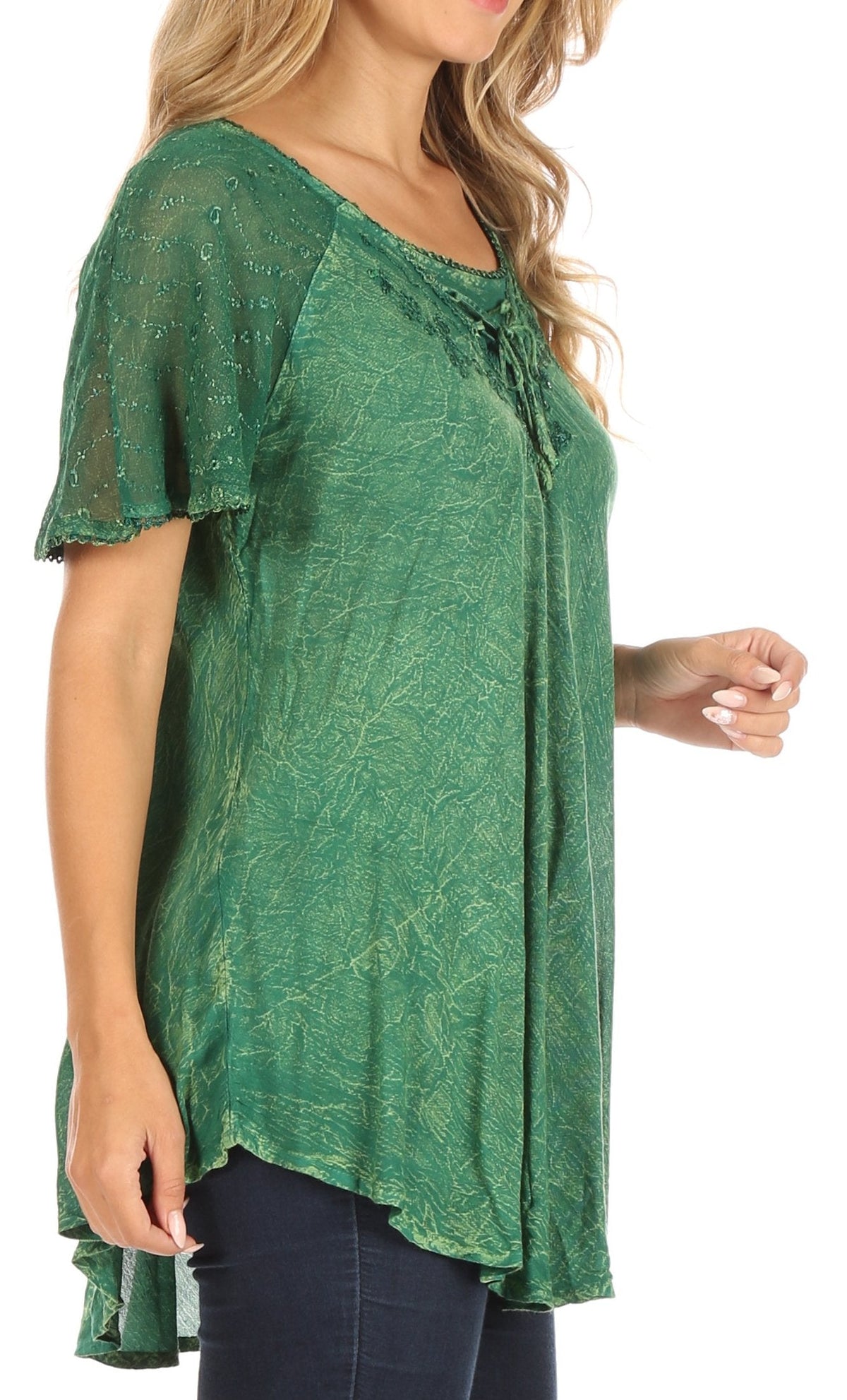 Women’s green lace sequin blouse with scoop neck and short sleeves, relaxed drape