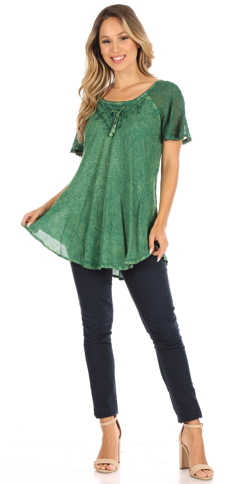 Women’s green lace sequin scoop-neck blouse with cap sleeves and relaxed swing silhouette
