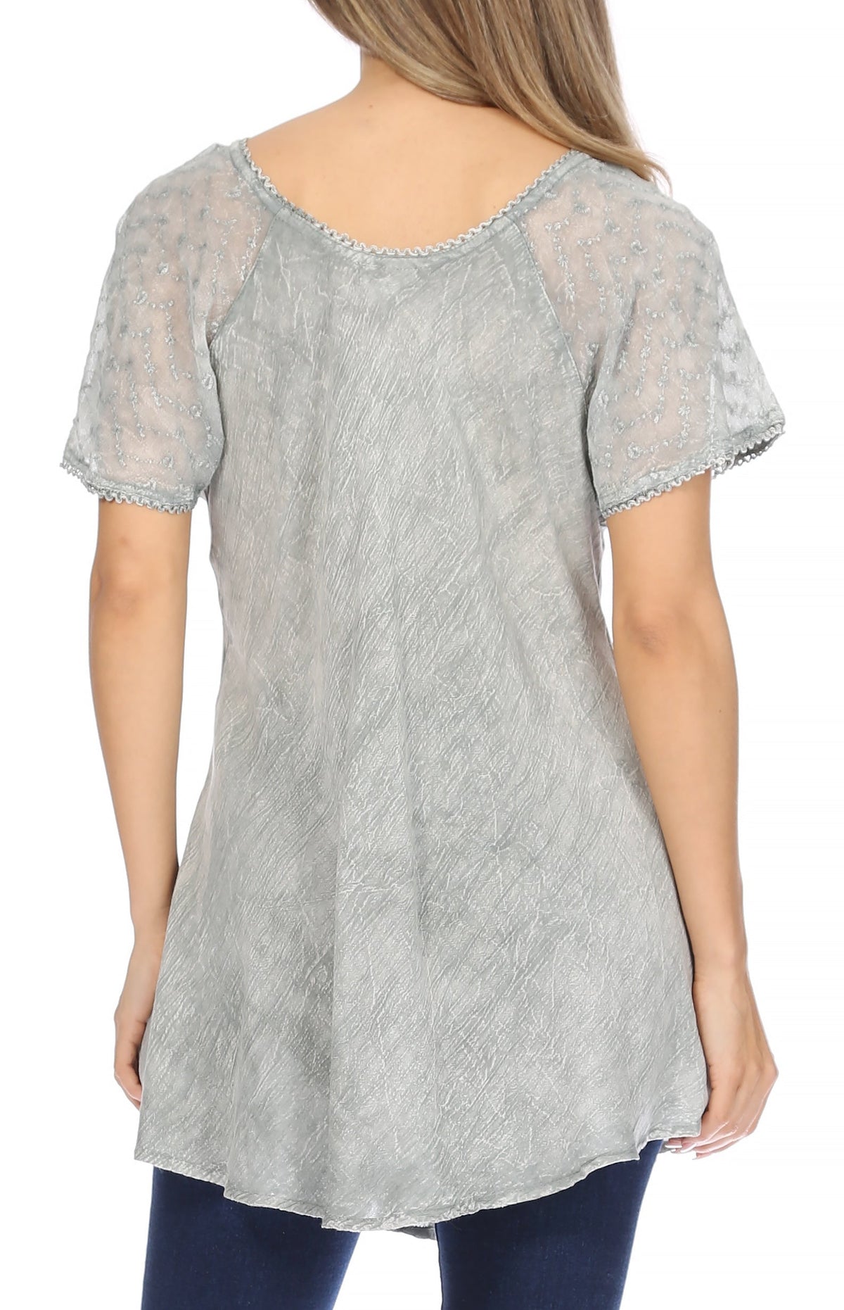 Light gray sequin-embroidered short-sleeve blouse with scoop neck and relaxed drape.
