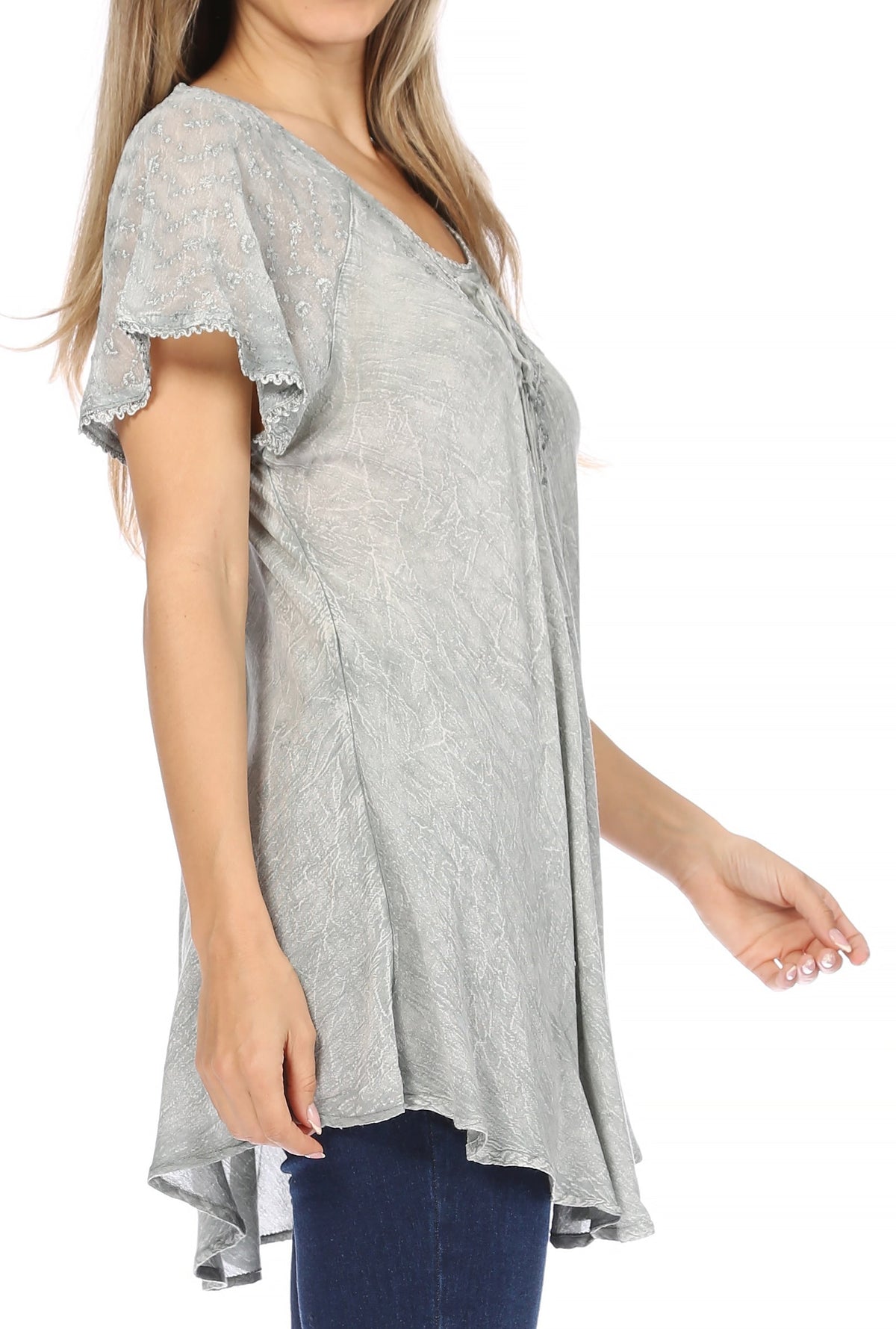 Light gray sequin-embroidered blouse with short flutter sleeves and curved hem.