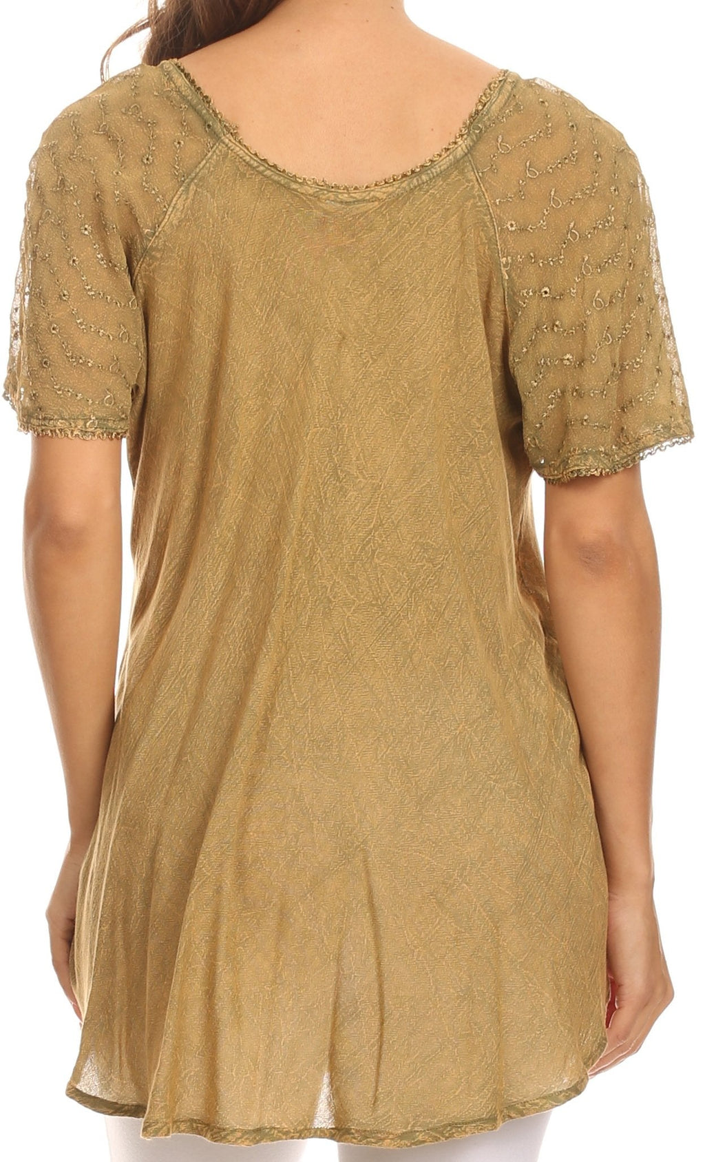 Tan sequin-embroidered blouse, cap sleeves, scoop neckline, relaxed fit