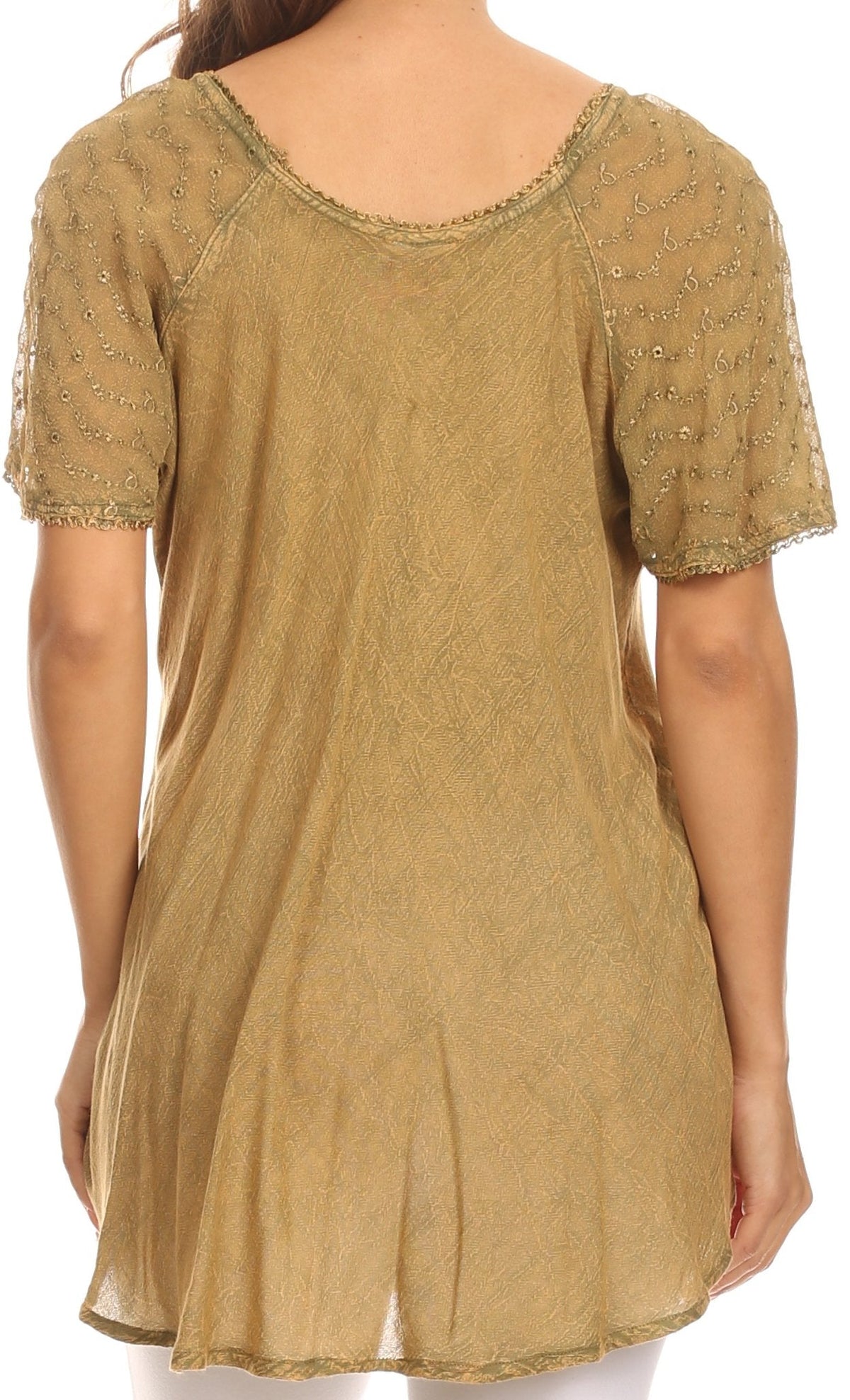 Tan sequin-embroidered blouse, cap sleeves, scoop neckline, relaxed fit