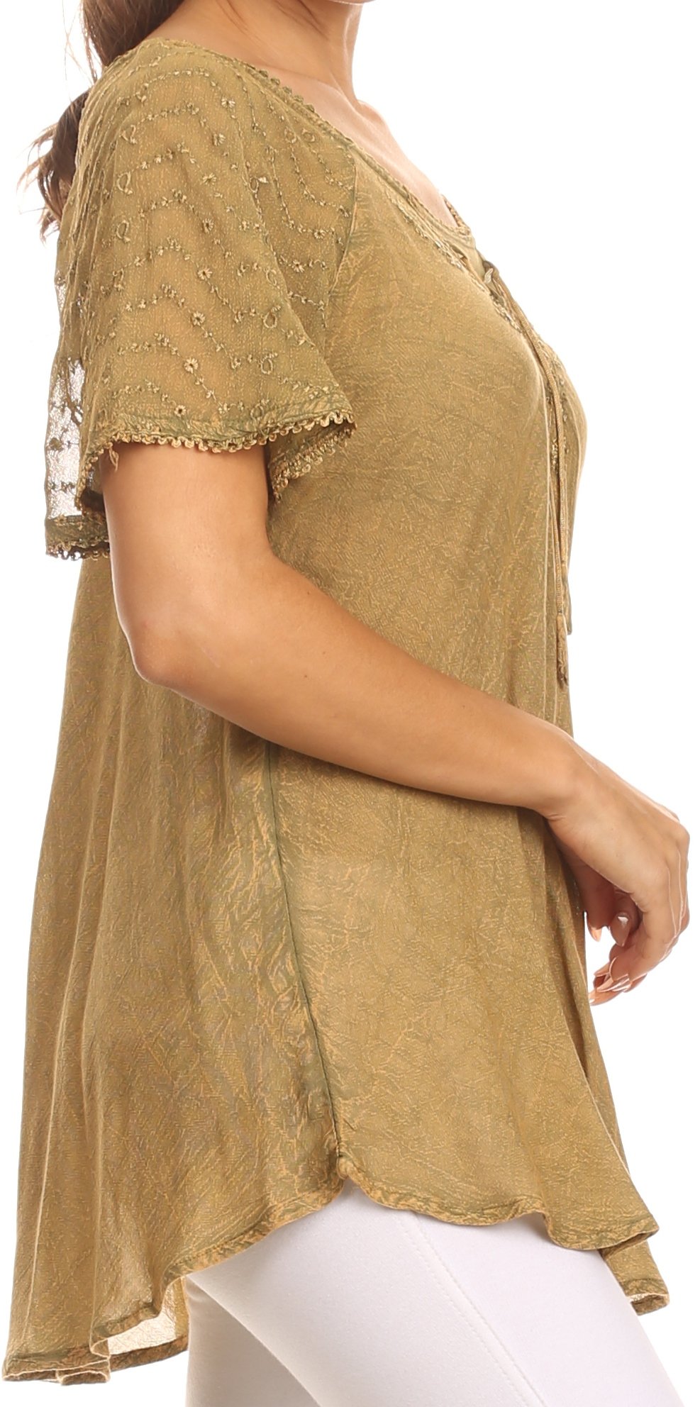 Tan sequin-embroidered blouse, short sleeves with lace trim, side view