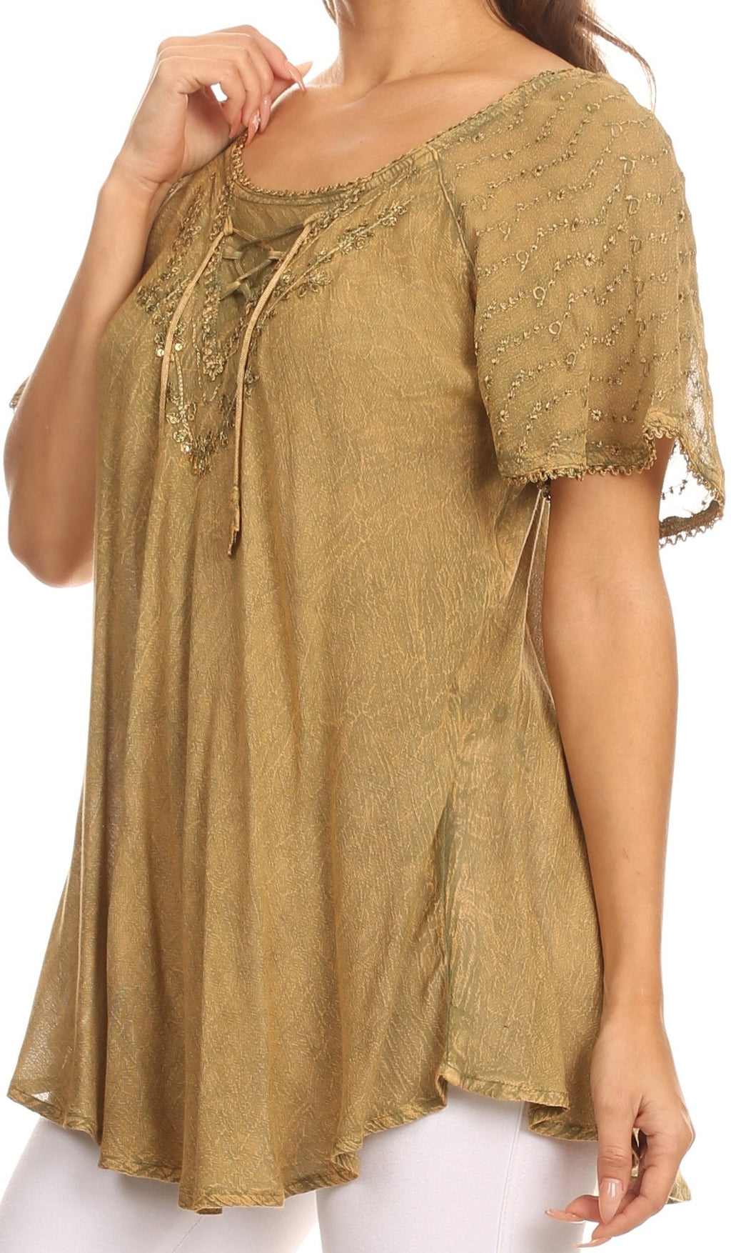 Tan sequin-embroidered blouse with scoop neckline and decorative front ties