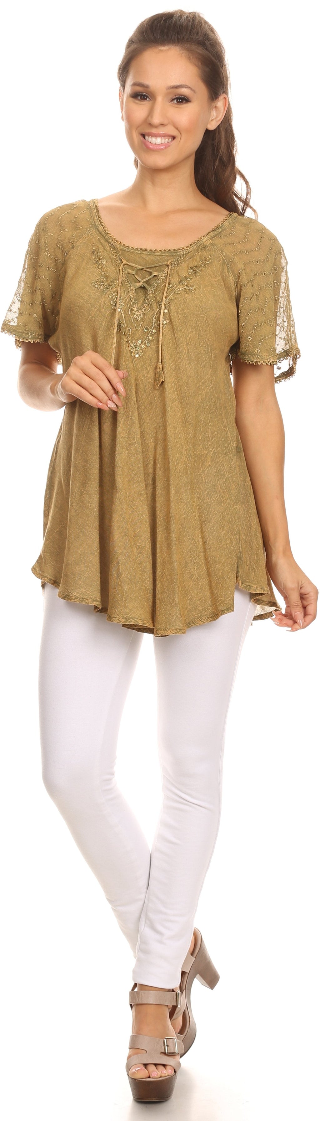 Tan sequin-embroidered blouse with cap sleeves and scoop neck, relaxed fit