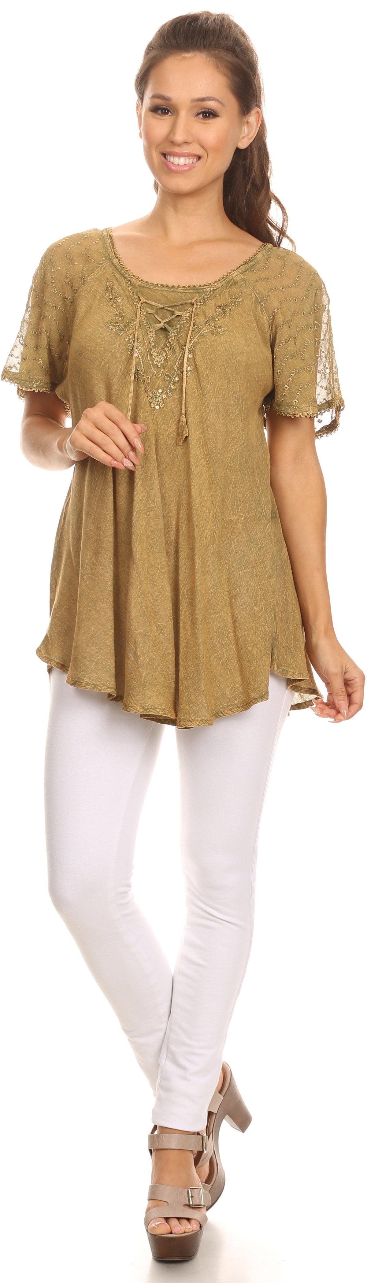 Tan sequin-embroidered blouse with cap sleeves and scoop neck, relaxed fit