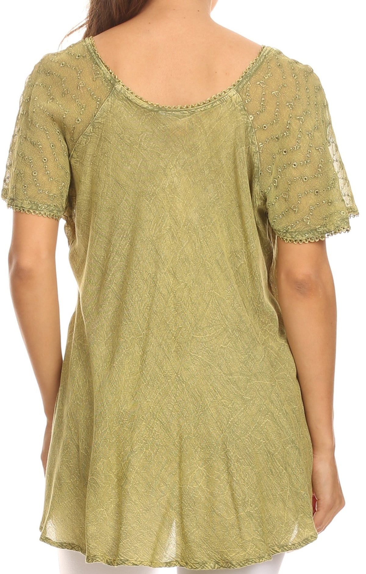Olive embroidered blouse with sequin details, scoop neck, short cap sleeves
