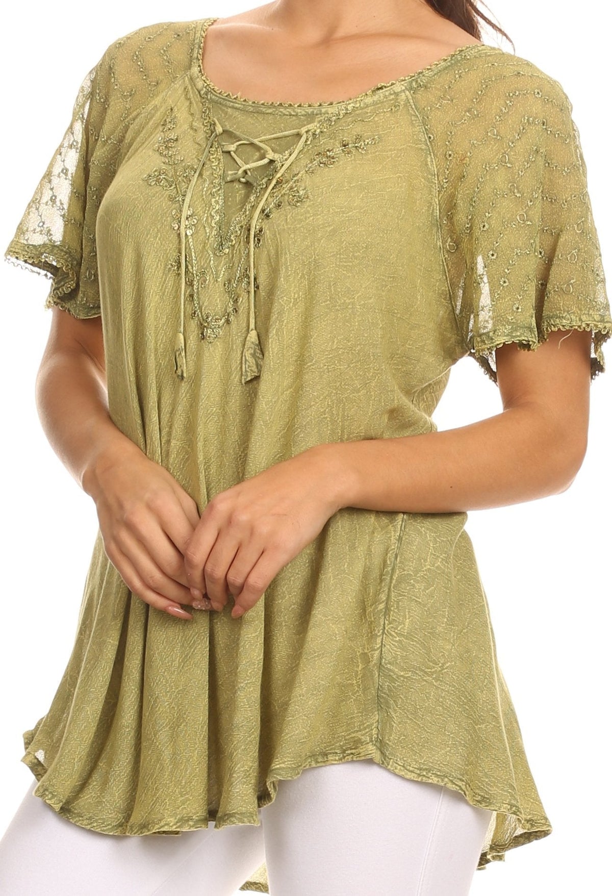 Olive embroidered scoop-neck blouse with tassel tie detail and sequin accents
