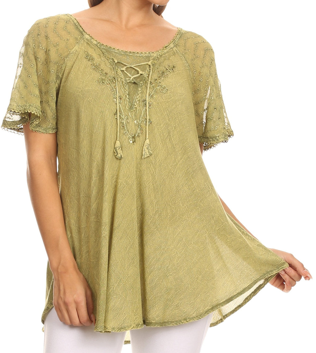 Olive relaxed-fit embroidered blouse with sequin trim, scoop neck and cap sleeves
