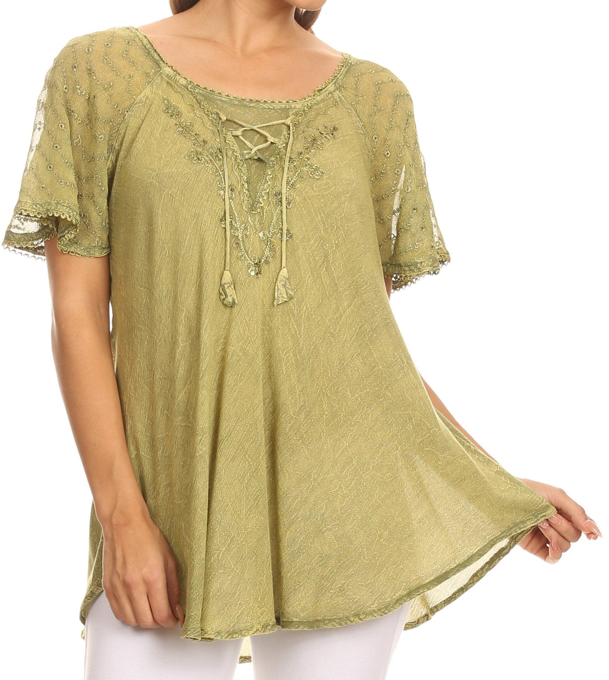 Olive relaxed-fit embroidered blouse with sequin trim, scoop neck and cap sleeves