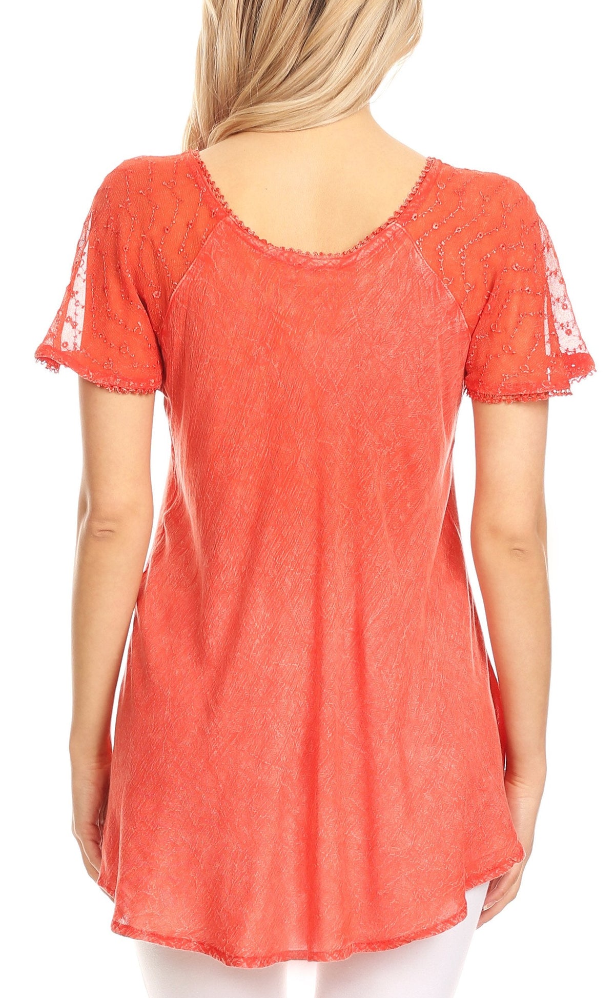 Coral embroidered blouse with sequin back trim and short flared cap sleeves