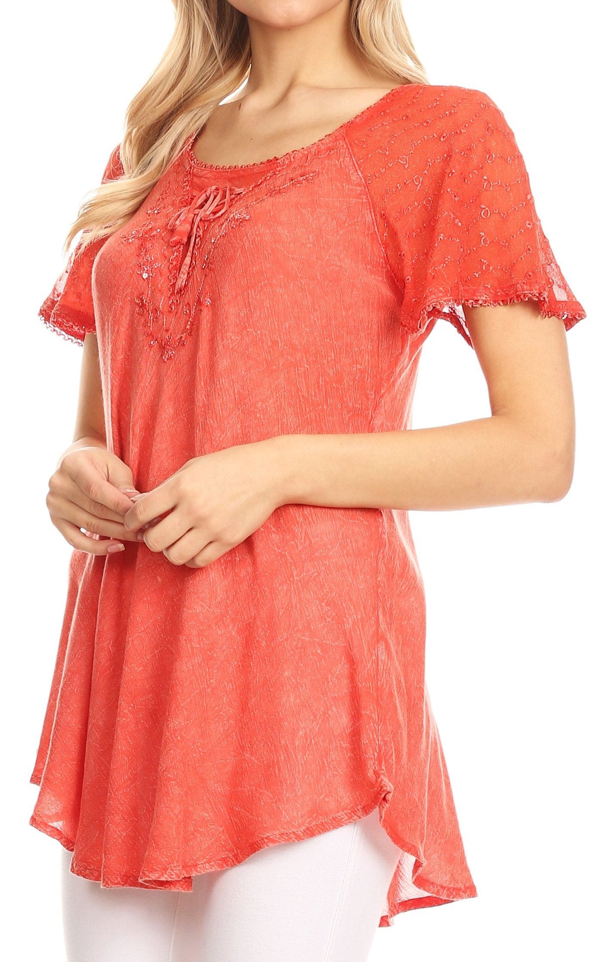 Coral embroidered blouse with sequin tie-front detail, scoop neck and cap sleeves