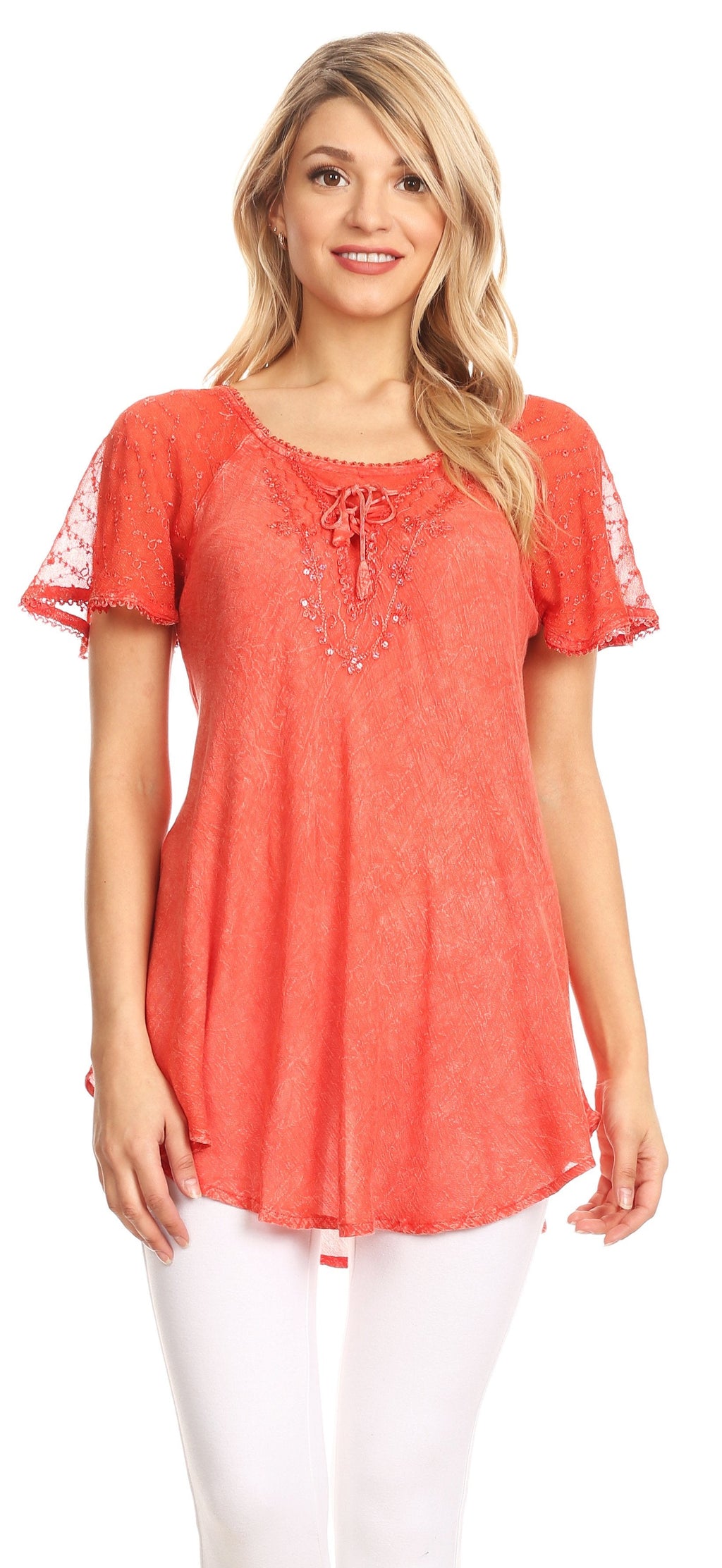 Coral embroidered blouse with sequin accents, scoop neck, short cap sleeves