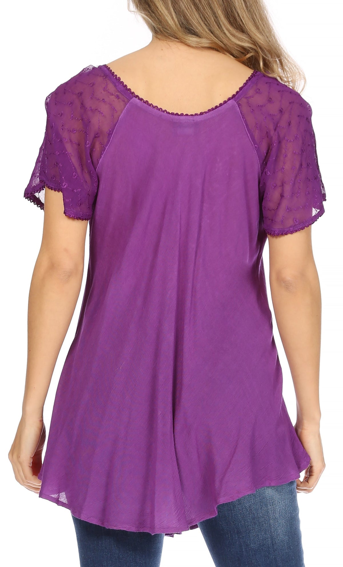 Purple relaxed-fit blouse with lace-trim cap sleeves and scoop neckline, back view