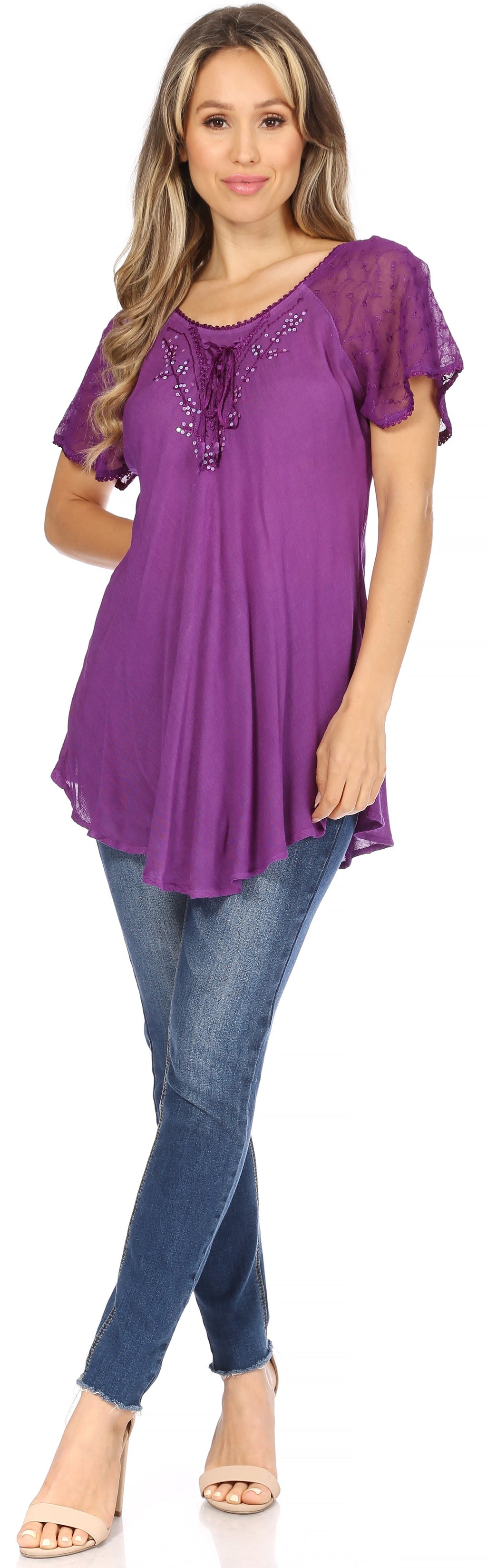 Purple relaxed-fit blouse with sequin-embroidered scoop neck and lace-trim flutter sleeves