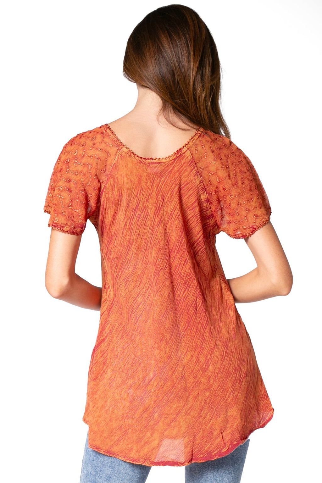 Orange relaxed-fit blouse with lace-trim cap sleeves and scoop neckline, back view