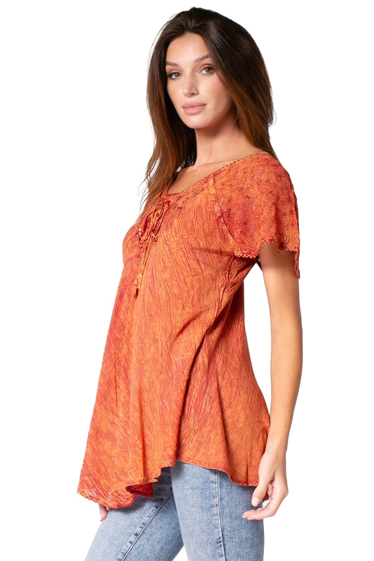 Orange sequin-embroidered blouse with tie-front scoop neck and flutter cap sleeves, side view