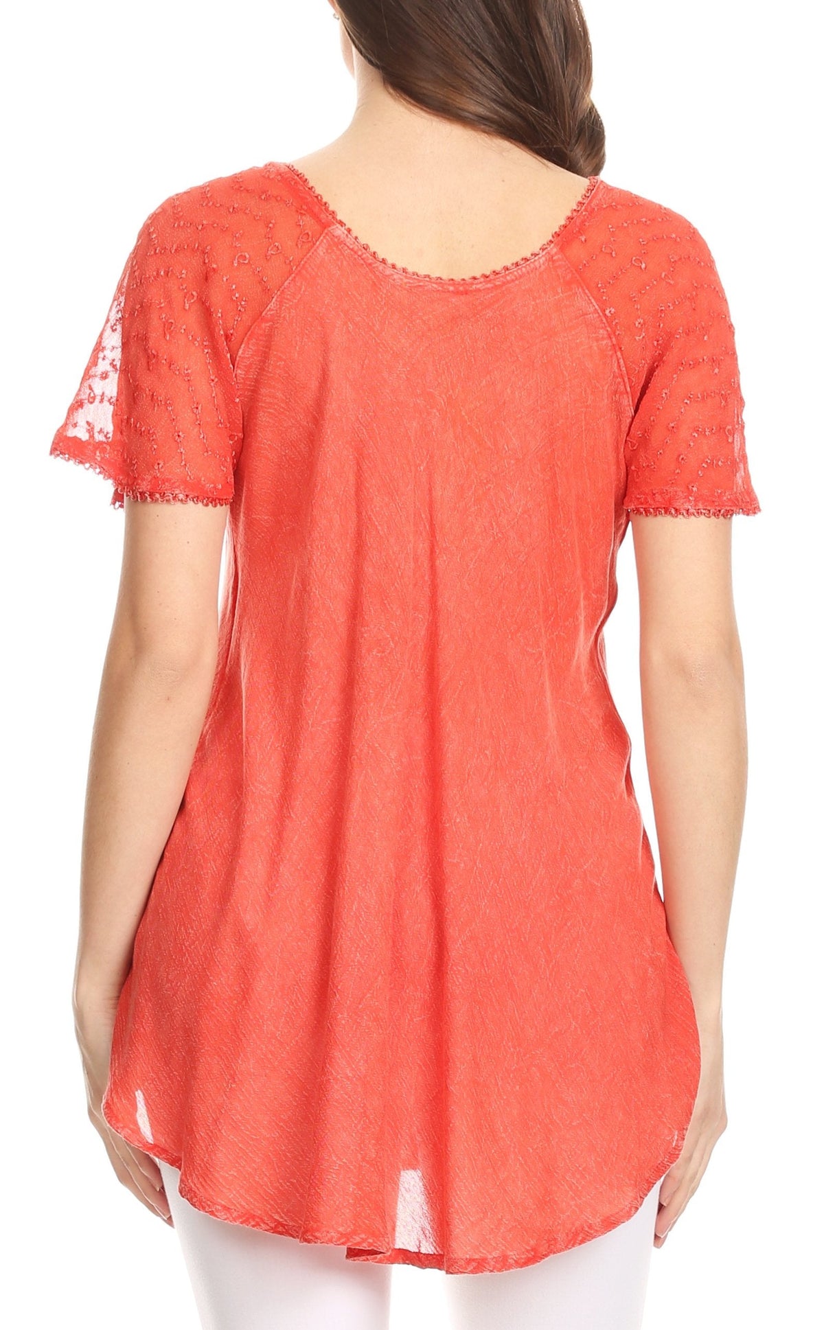 Coral red sequin-embroidered relaxed blouse with scalloped scoop neck and cap sleeves.