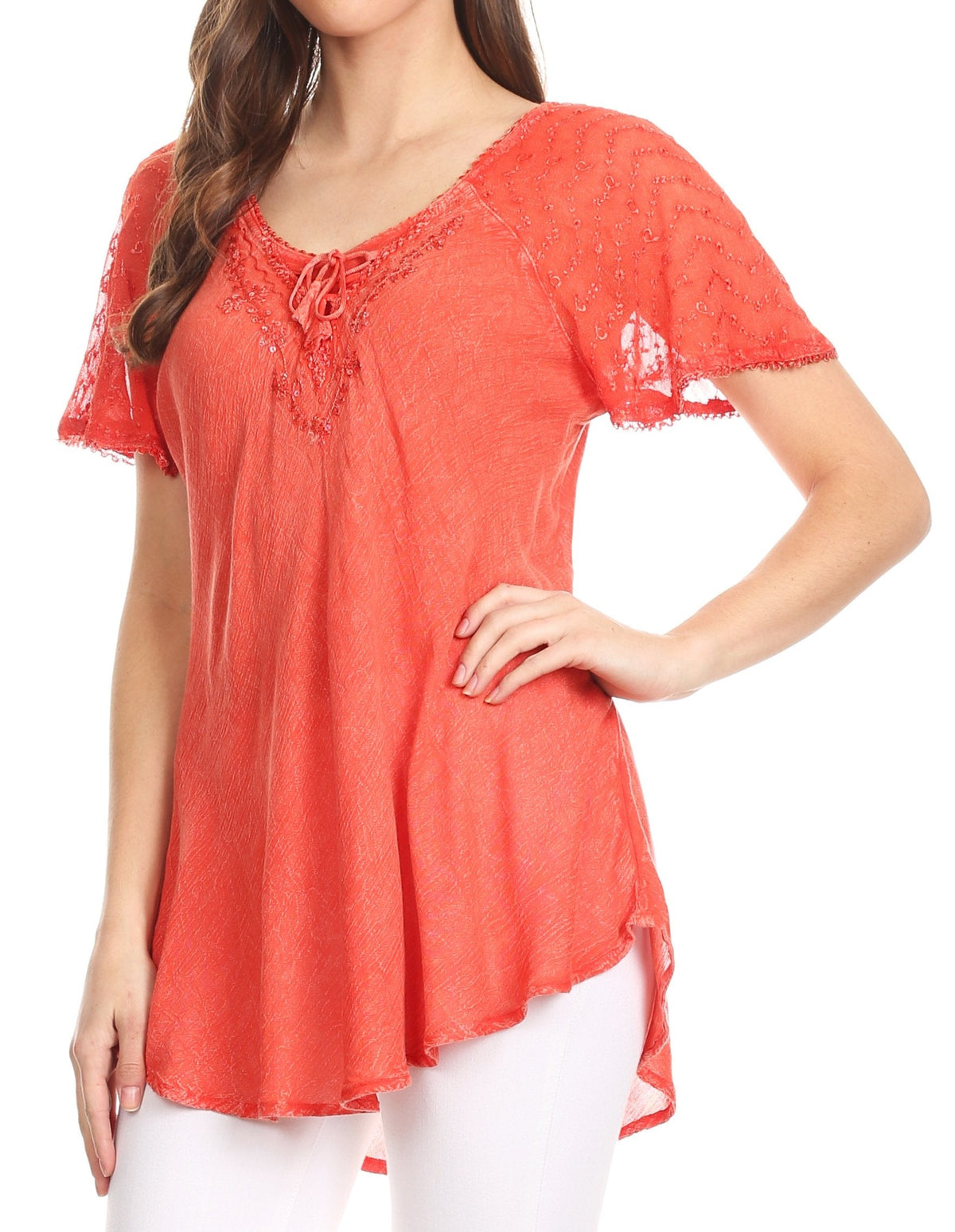 Coral red sequin-embroidered blouse with short cap sleeves and V-shaped neckline trim.