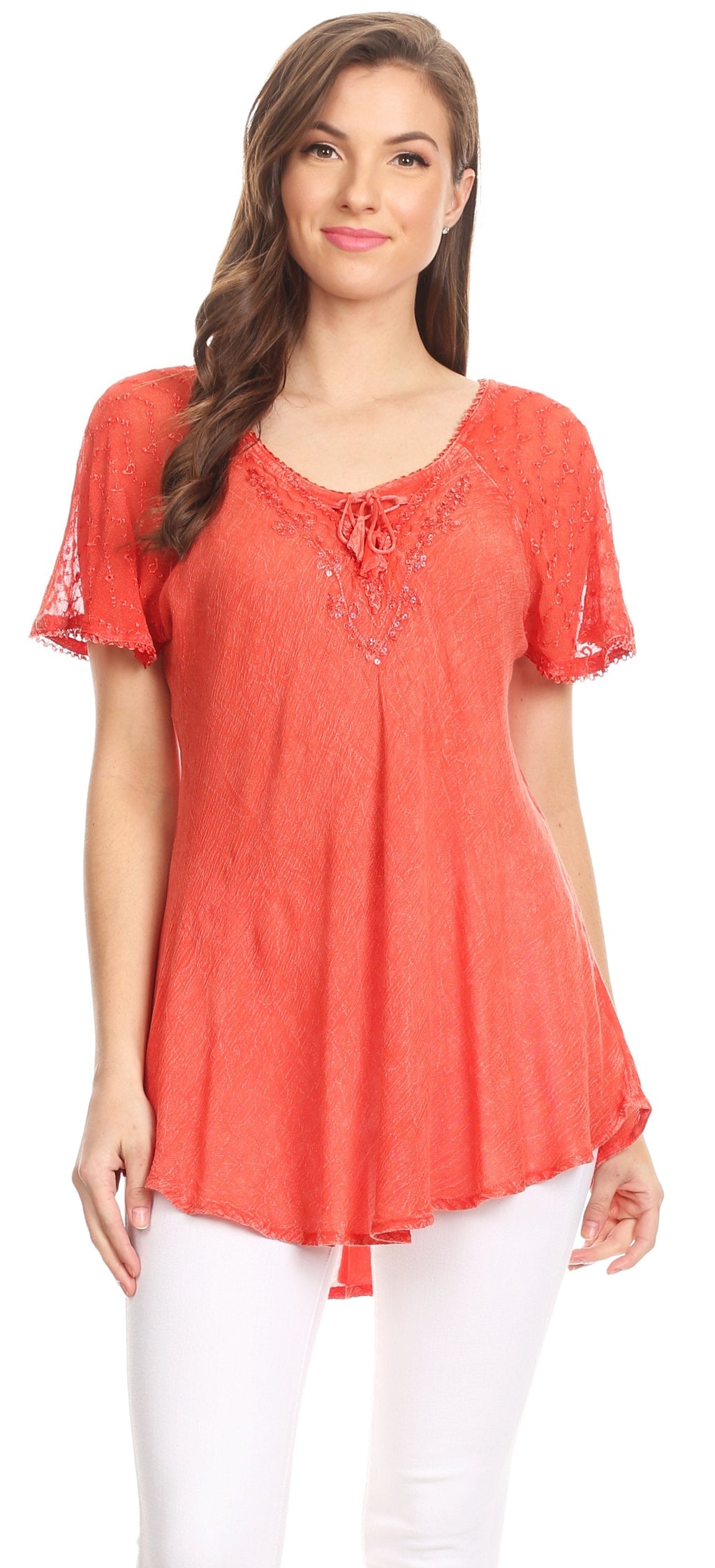 Coral red sequin-embroidered scoop-neck blouse with short cap sleeves, relaxed fit.