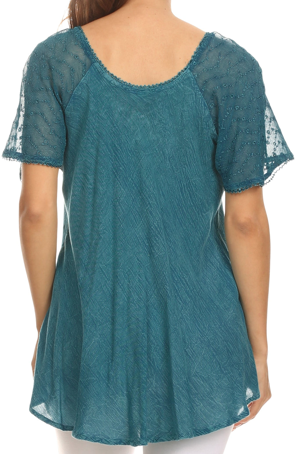Teal cap-sleeve blouse with embroidered texture and sequin trim around scoop neck