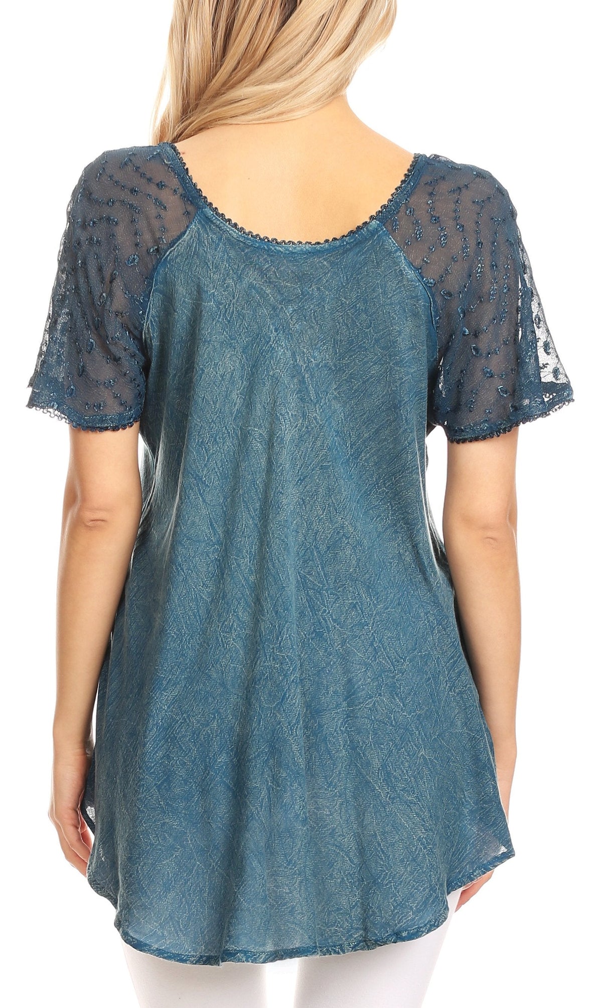 Teal back view blouse with cap sleeves and scalloped embroidered sequin neckline