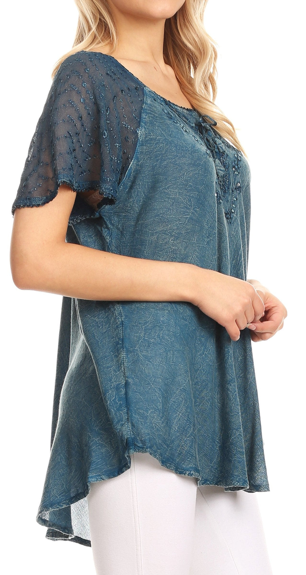 Teal cap-sleeve blouse with sequin-embellished scoop neck and relaxed draped hem