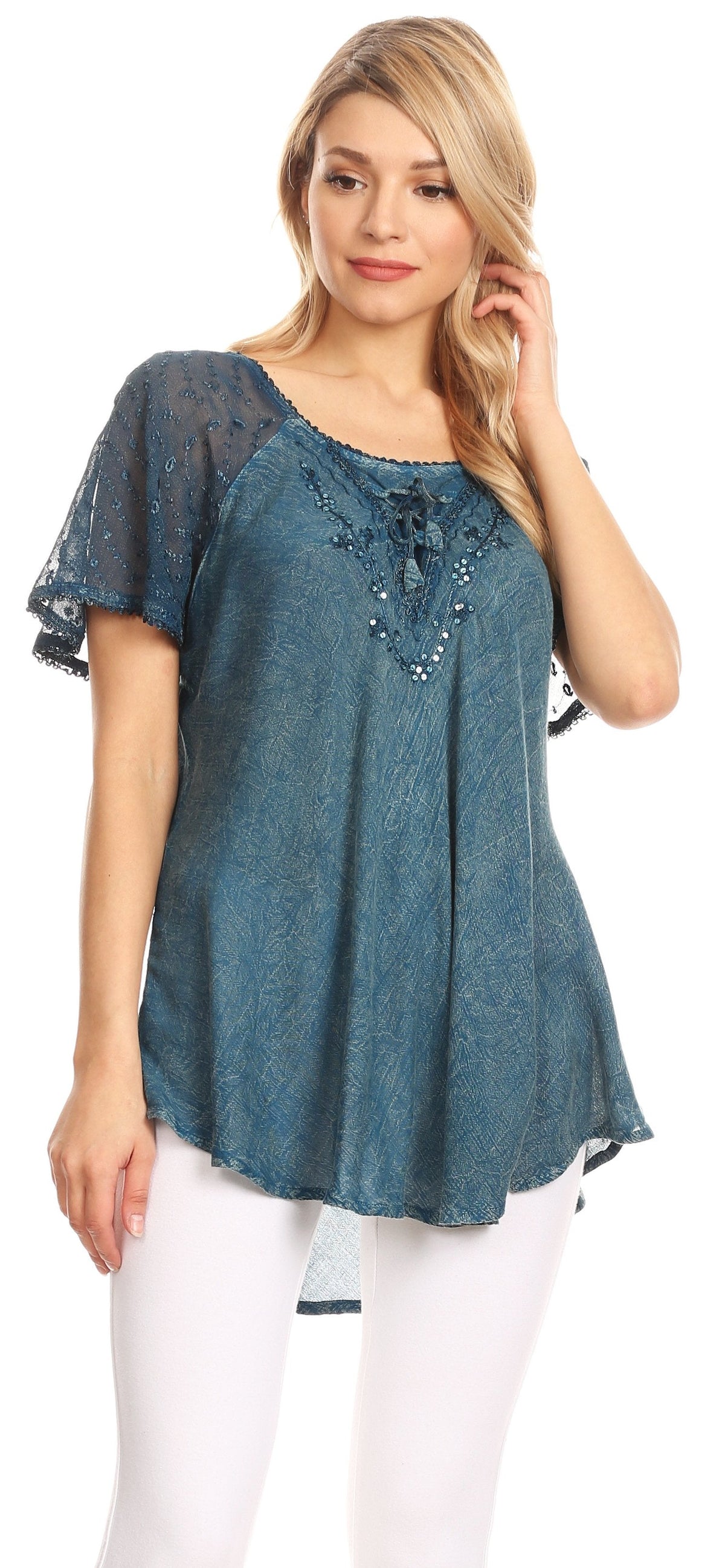 Teal sequin-embroidered blouse with cap sleeves and scoop neck, loose relaxed silhouette