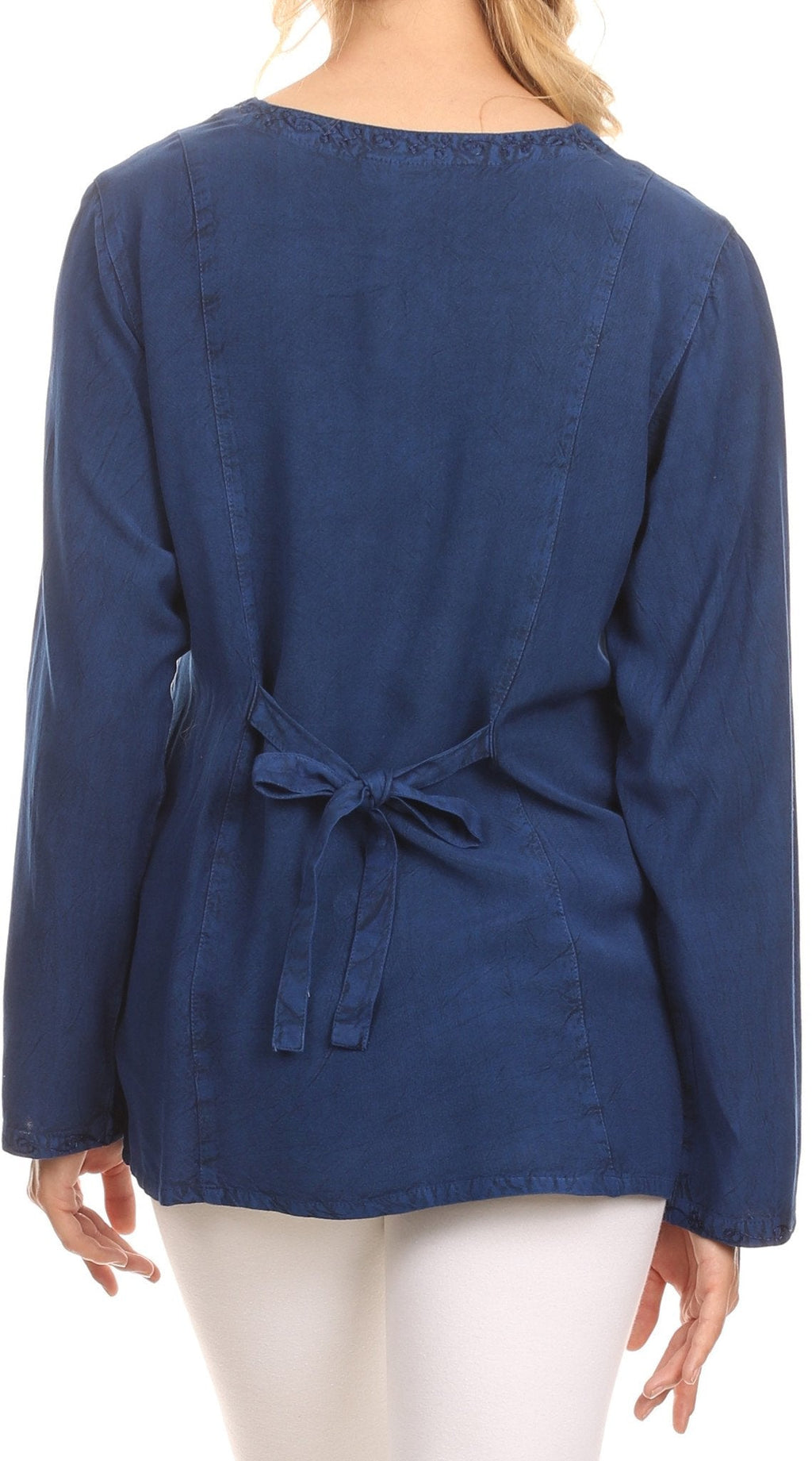 Denim-blue long-sleeve blouse, scoop back with adjustable tie and button detail