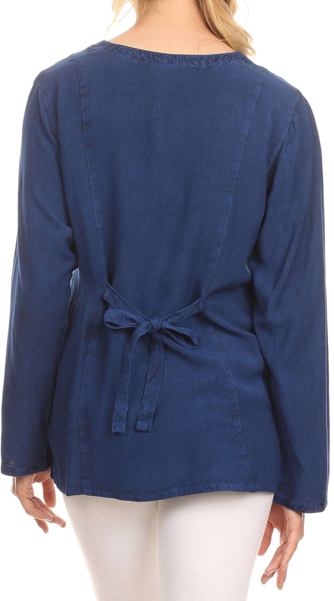 Denim-blue long-sleeve blouse, scoop back with adjustable tie and button detail