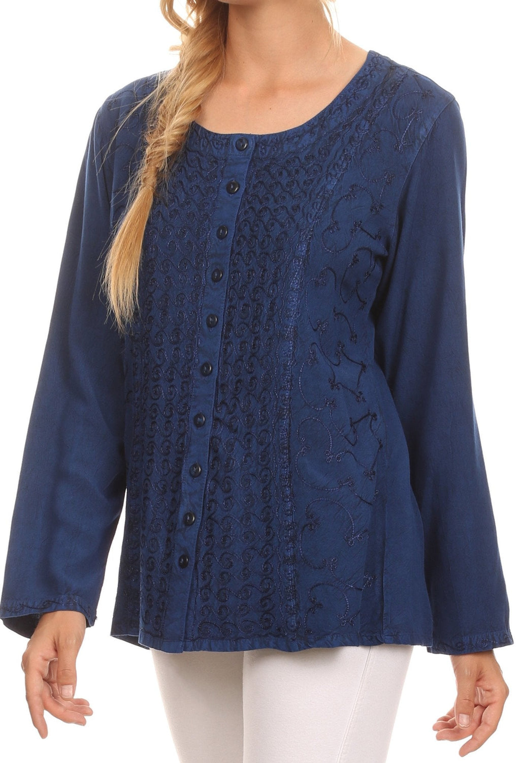 Denim-blue long-sleeve blouse with deep scoop neck and vertical button front, textured print