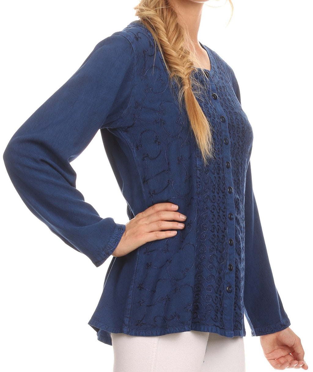 Denim-blue long-sleeve blouse with deep scoop neck, button front, and side silhouette flare