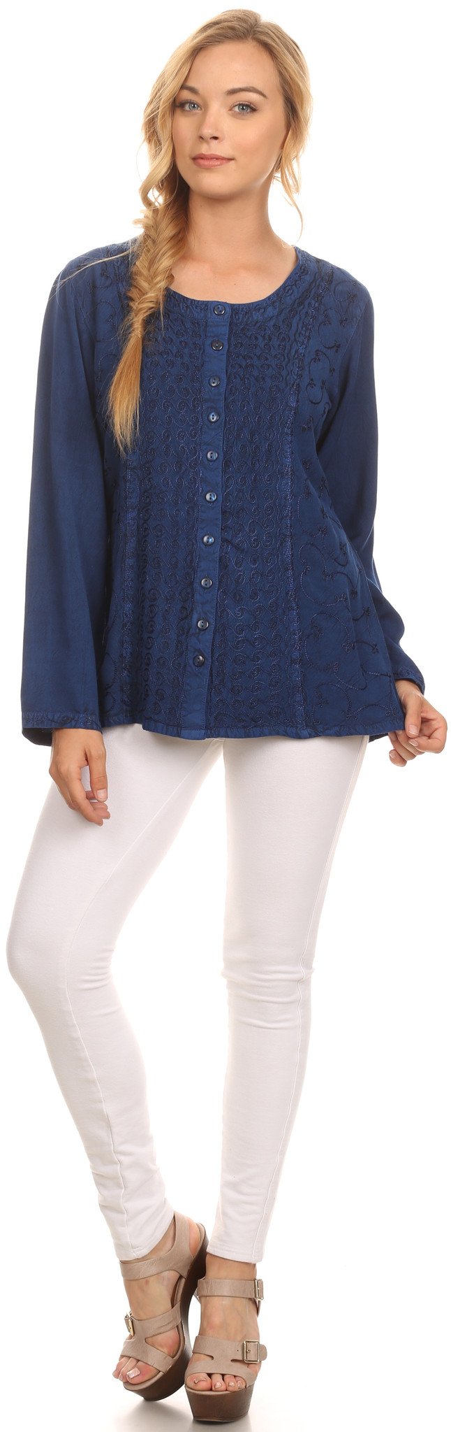 Denim-blue long-sleeve button-front blouse with deep scoop neck and embroidered pattern