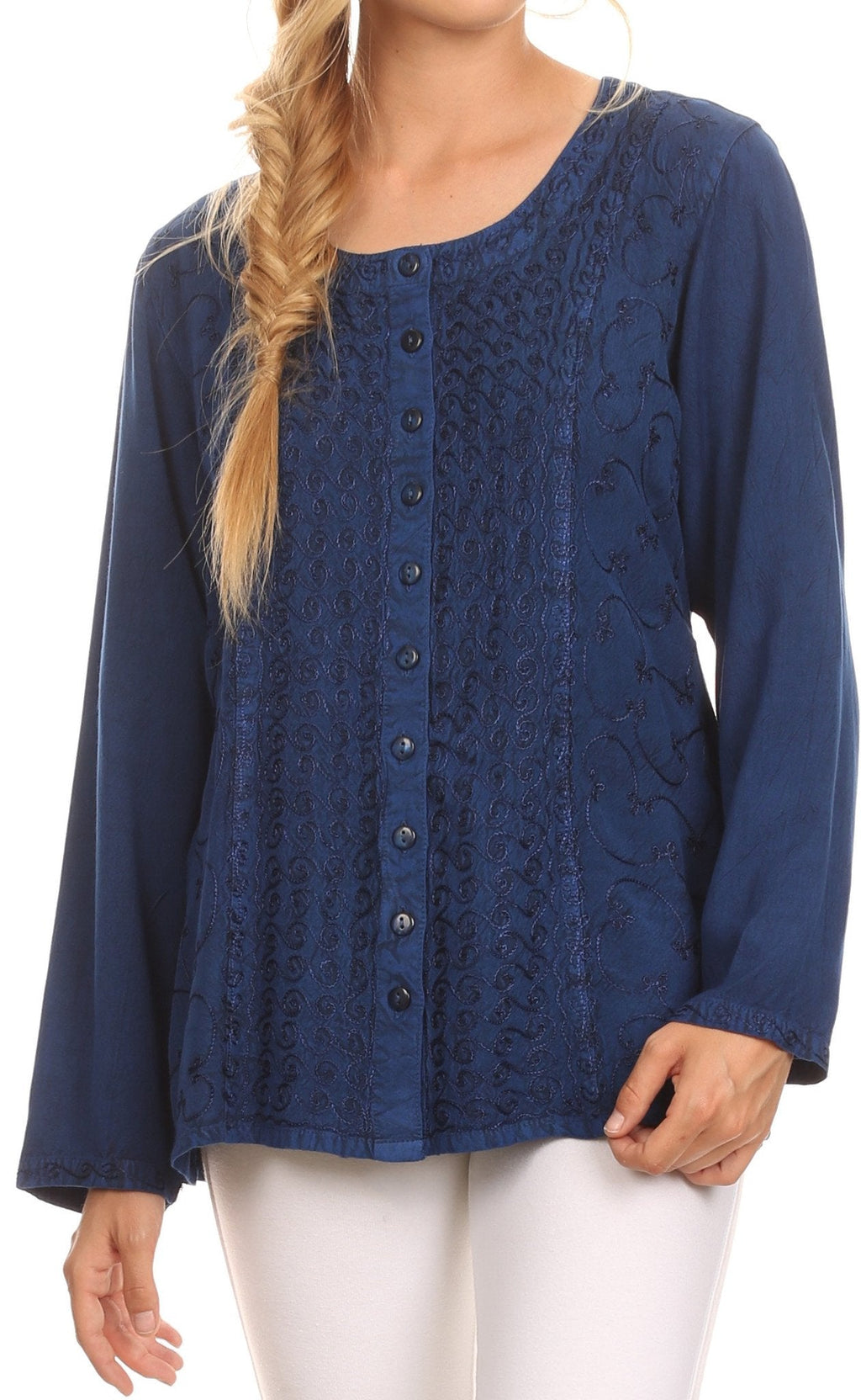 Denim-blue long-sleeve blouse with deep scoop neck, button front, and embroidered pattern