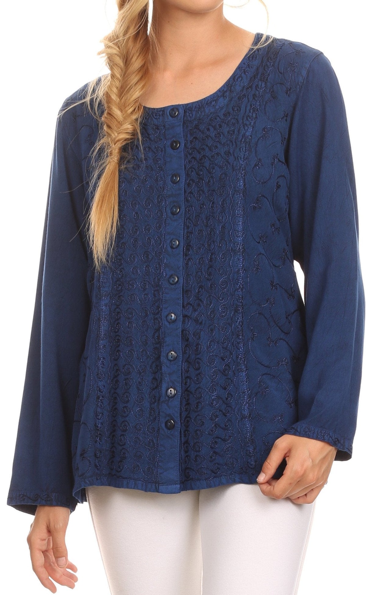 Denim-blue long-sleeve blouse with deep scoop neck, button front, and embroidered pattern
