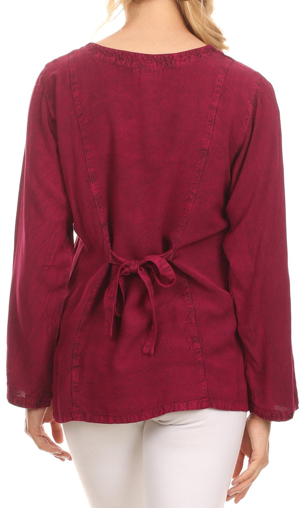 Burgundy long-sleeve blouse with scoop back and adjustable tie at waist
