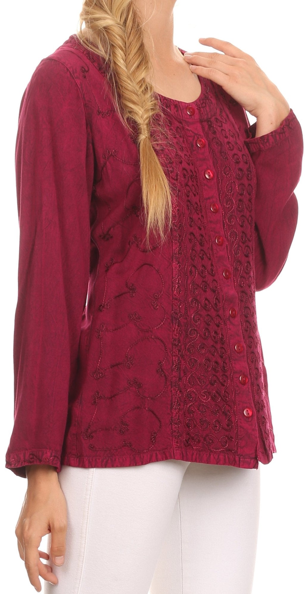 Burgundy long-sleeve blouse with deep scoop neck, button front, and textured print