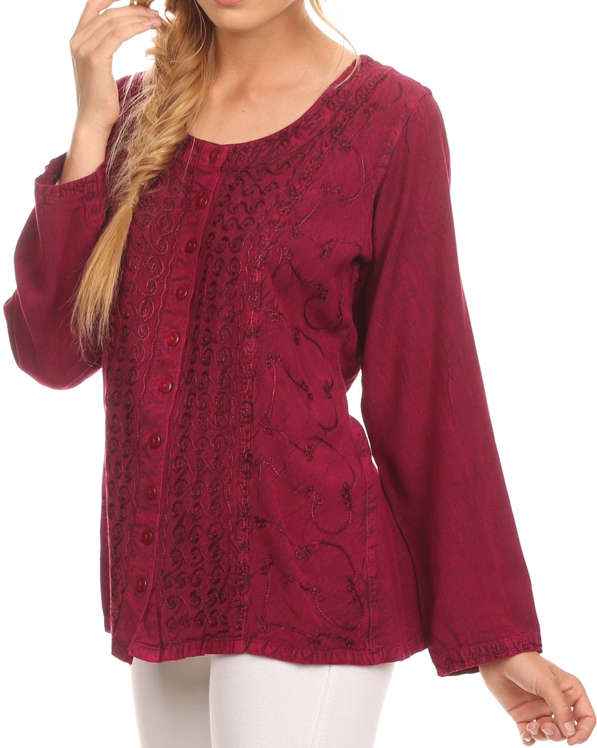Burgundy long-sleeve blouse with deep scoop neck and button front, allover embroidery