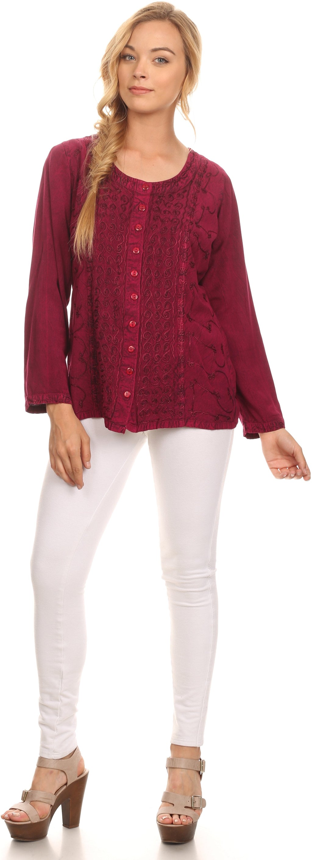 Burgundy long-sleeve button-front blouse with deep scoop neck and embroidered pattern