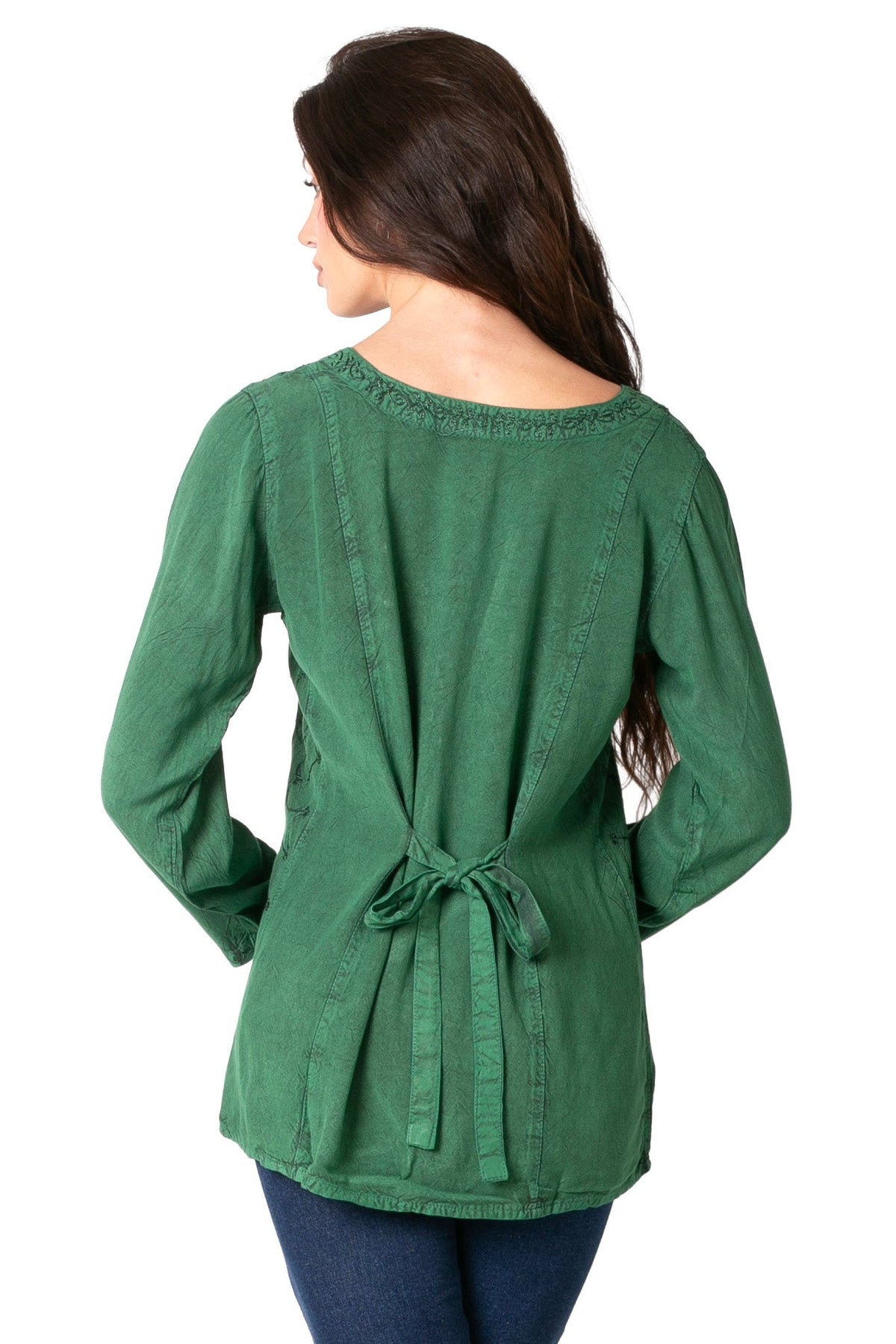 Women’s dark green long-sleeve blouse with back tie and buttoned front