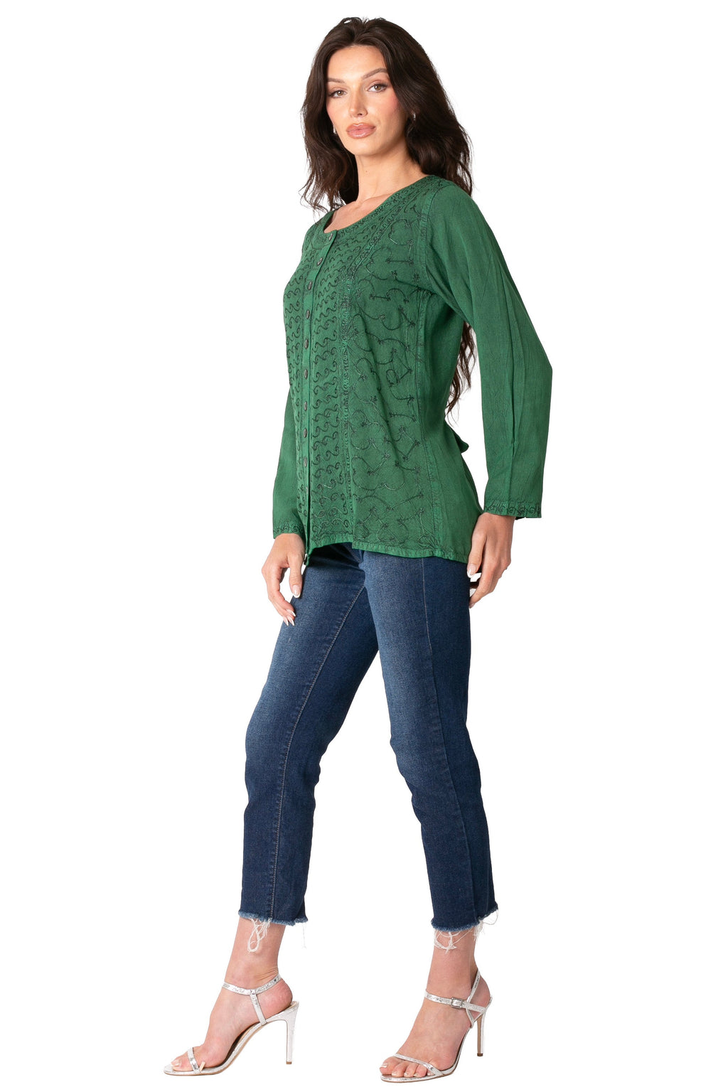 Women’s dark green long-sleeve scoop neck blouse with button front and curved hem