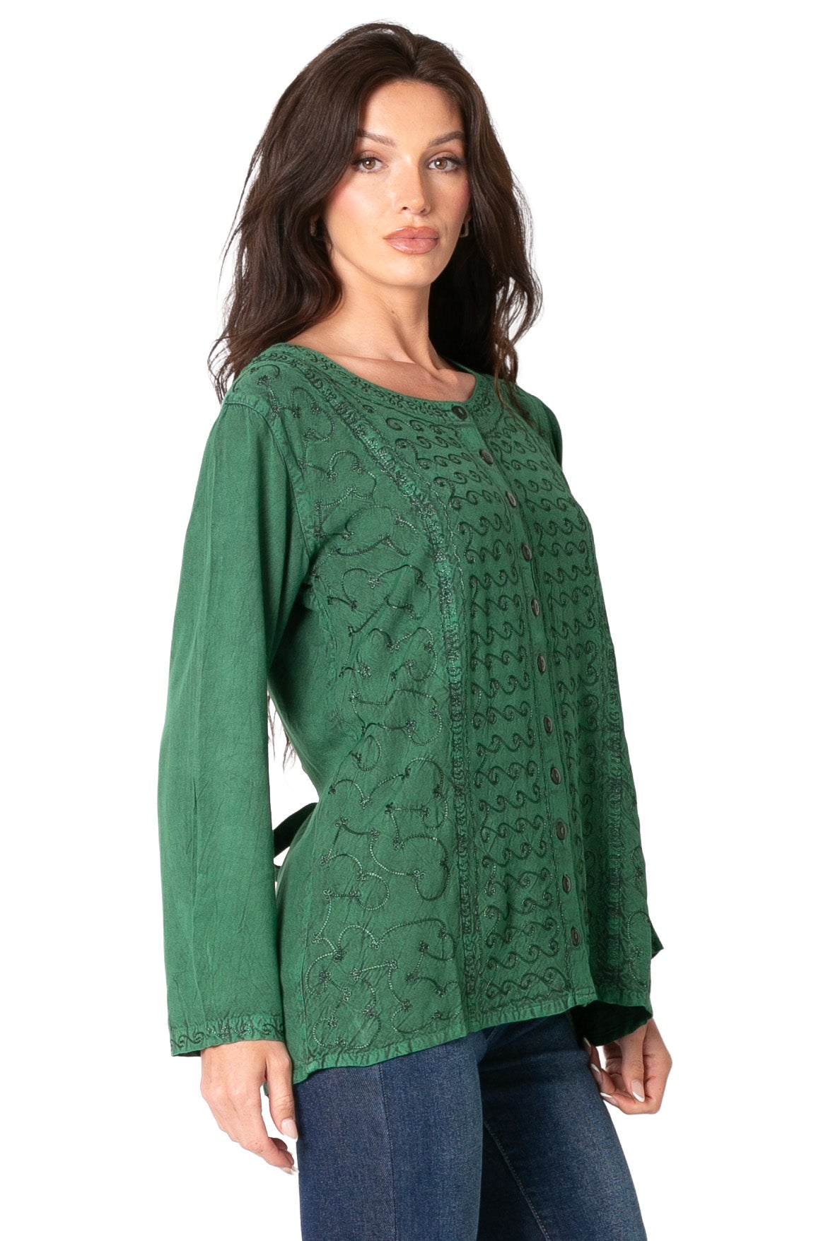 Women’s dark green textured blouse with deep scoop neck and button placket
