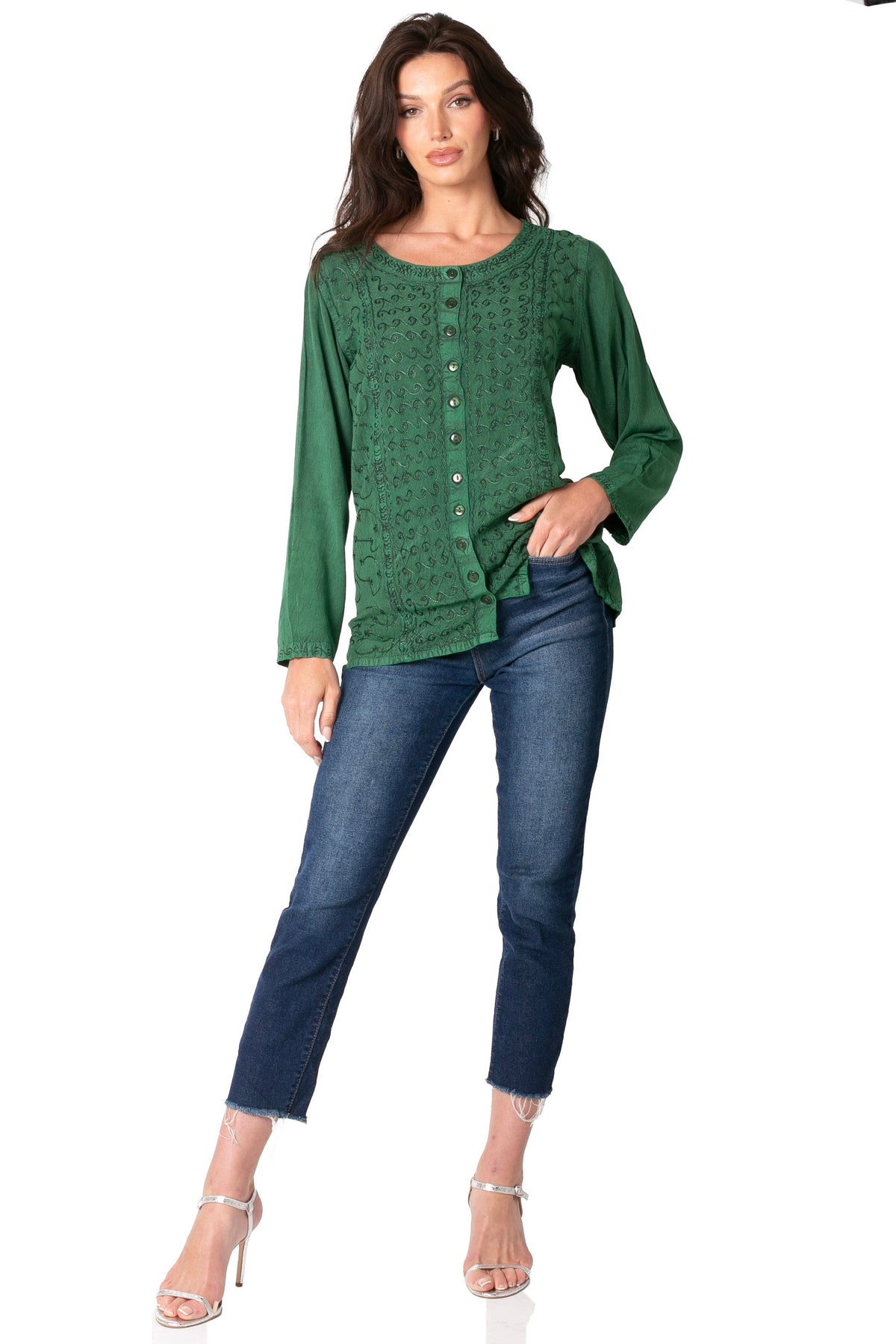 Women’s dark green long-sleeve blouse with button front and gathered neckline