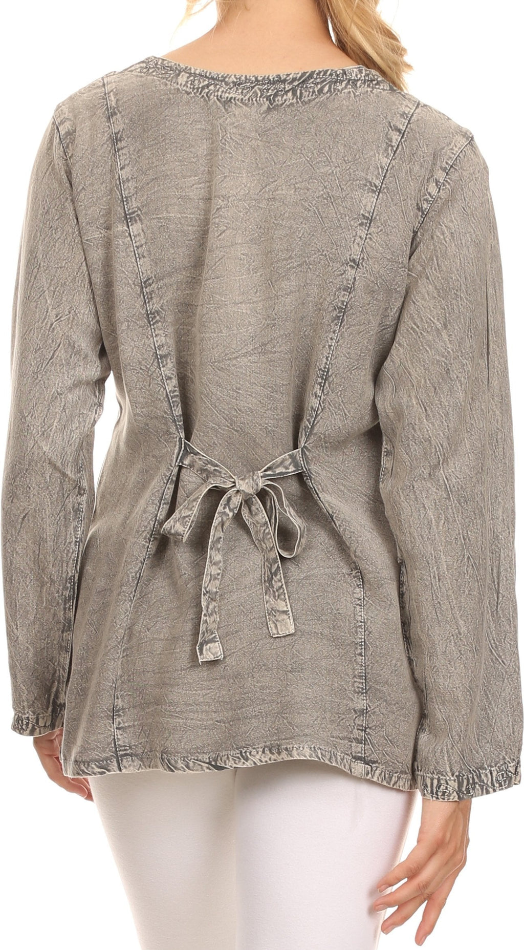 Women’s gray long-sleeve blouse with back yoke and tie detail