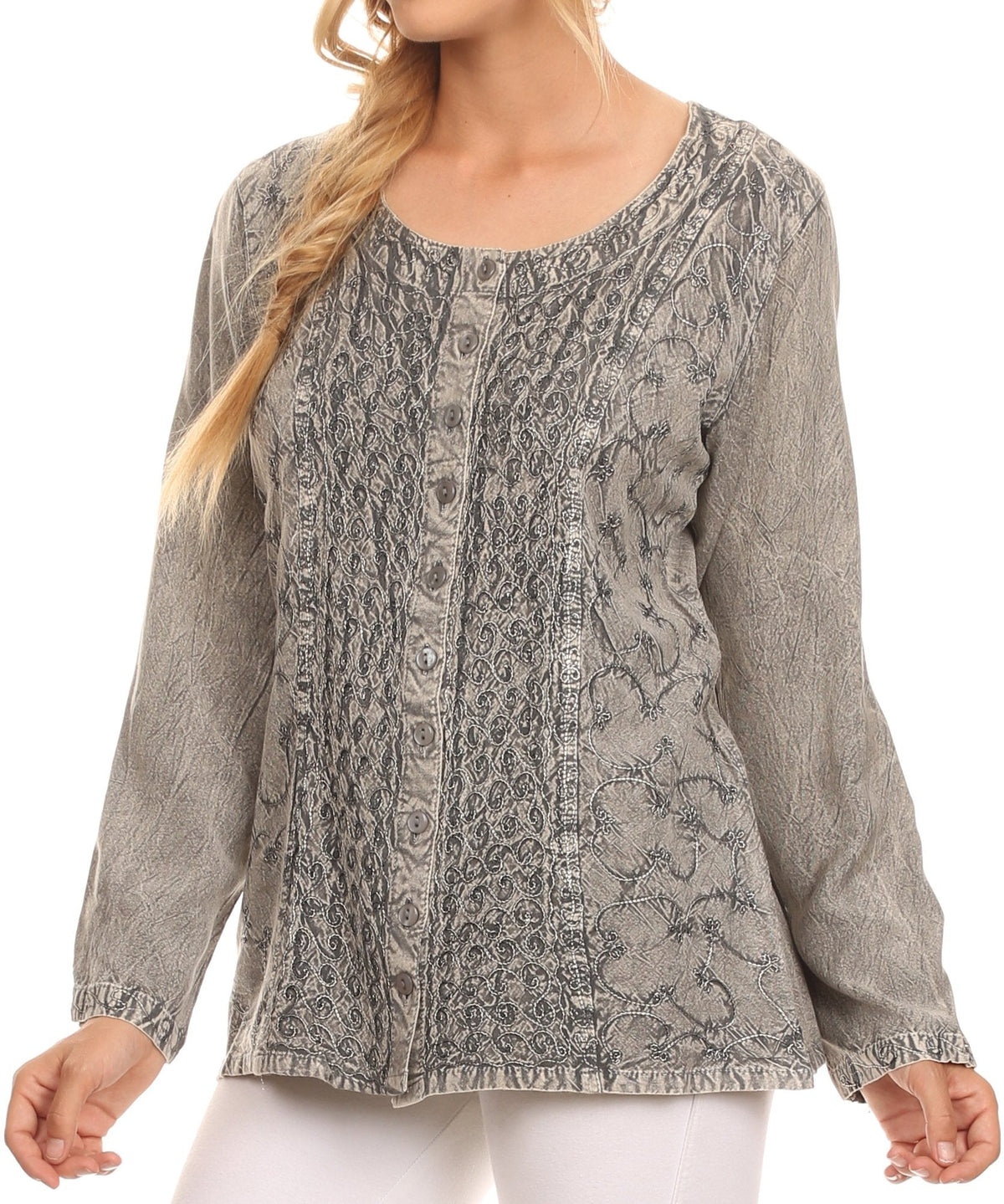 Women’s gray textured long-sleeve blouse with scoop neck and button front
