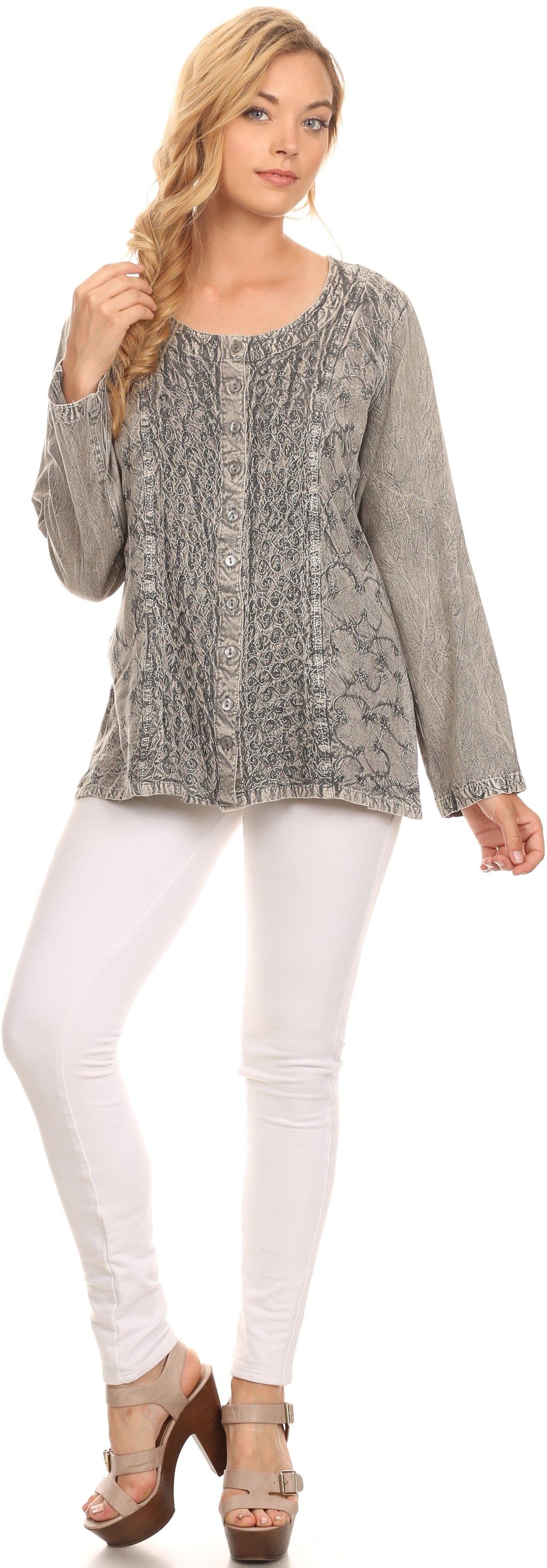 Women’s gray long-sleeve blouse with round neckline and button front