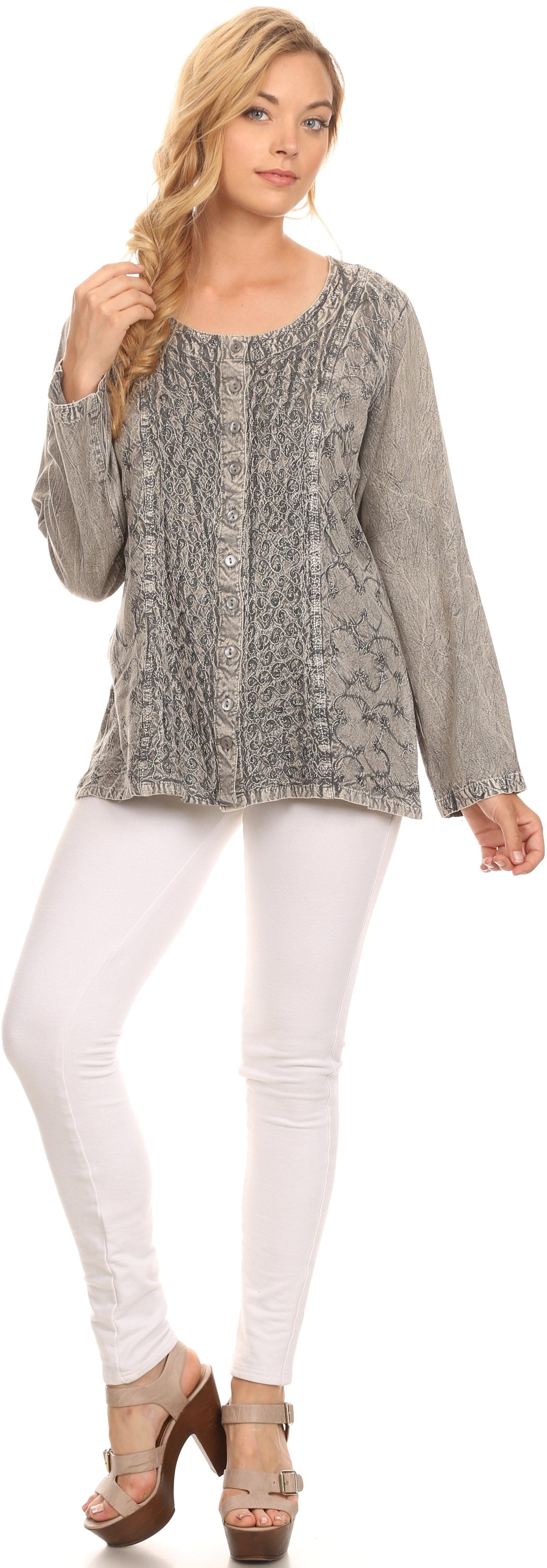 Women’s gray long-sleeve blouse with round neckline and button front