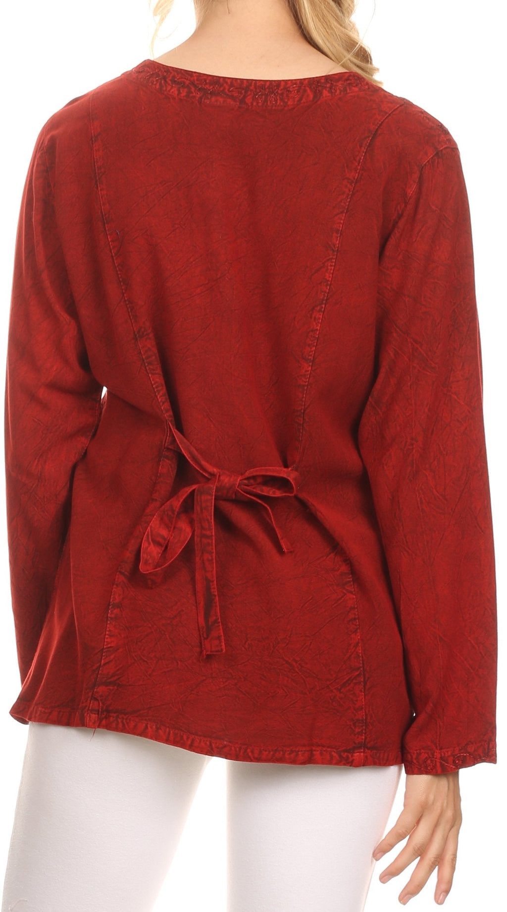 Red blouse back view with tied adjustable strap and buttoned center back seam