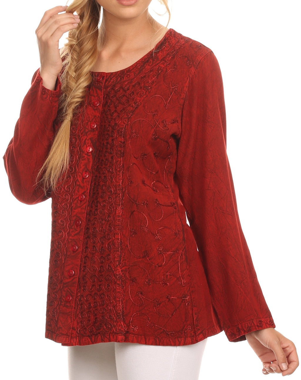 Red long-sleeve blouse with deep scoop neckline and button front in patterned fabric